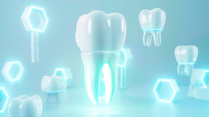Digital dental implant surrounded by glowing hexagons symbolizing advanced innovative technologies in dentistry and medicine, blue background. Concept of dental treatment and prosthetics, implantology