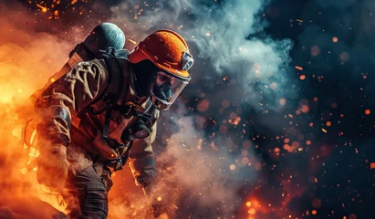 Foto op Plexiglas Firefighter in action amid fire and sparks. The concept of heroism and selflessness. © volga