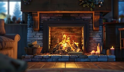 Cozy fireplace in home interior. The concept of warmth and home comfort.