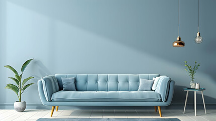 Modern living room and home interior design in a Scandinavian style. Blue wall and light blue sofa.