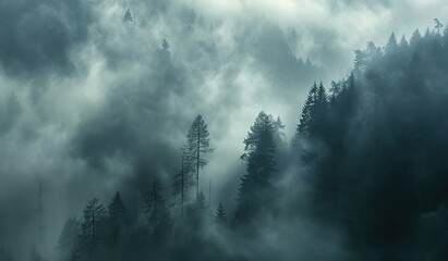 Misty forest with rays of light penetrating through the trees. The concept of mystique and nature. - obrazy, fototapety, plakaty