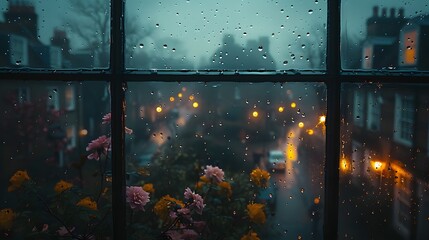cozy ambiance of a rainy day seen through a window, with raindrops trickling down the glass and the soft glow of streetlights illuminating the misty atmosphere, in cinematic 8k resolution.