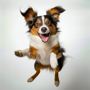 lifestyle photo Dog jumping in the air on white background.