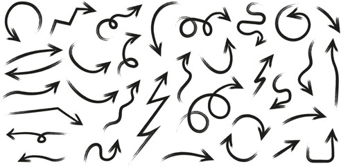 Set of simple hand drawn grunge arrows . Vector grunge arrows mark icons . Black simple grunge arrows collection .Grunge pointer.	