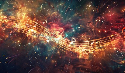 Musical notes in a glowing whirl. The concept of dynamics and harmony in music