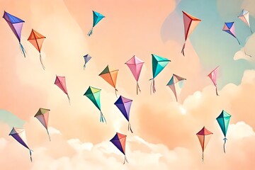 A collection of vibrant, pastel-colored kites soaring in the sky against a soft, pastel peach...