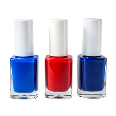 3 Different colors nail polish blue red and white isolated on transparent background.