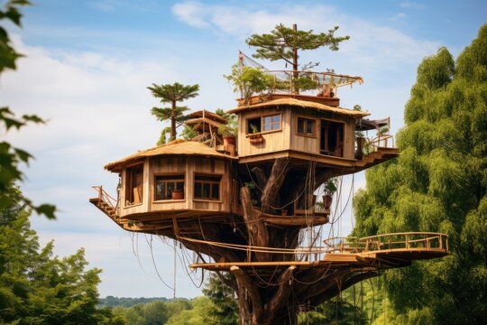 Tree house, Construction of a tree house, Illustration of futuristic tree house surrounded by greenery, Spectacular image of a sustainable tree house surrounded , Ai generated