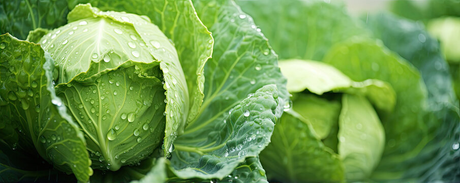 Fresh cabbage in farm field. Cabbages green leaves detail with water dew.