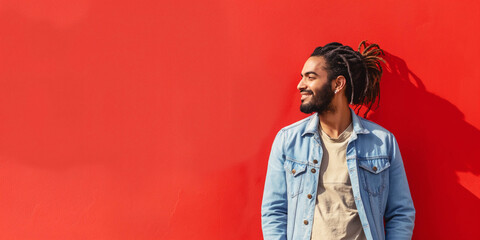 photo of a handsome guy with dreadlocks, wearing a blue denim jacket against a red wall with copy...