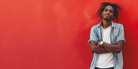 photo of a handsome guy with crossed arms and dreadlocks against the background of a red wall with copy space on the left, banner