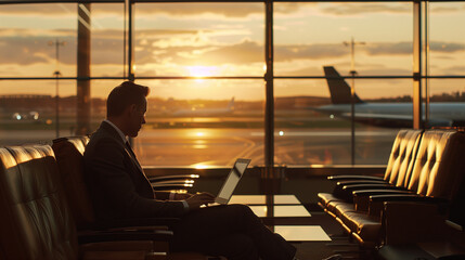 businessman in a suit, using his laptop at an airport lounge, with large windows showing aeroplanes and the runway. The interior reflects a modern and luxurious aerodrome lounge, generative ai
