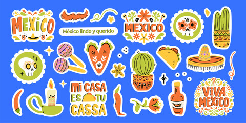 Set Mexican Dia de los Muertos stickers. stickers with traditional Mexican elements to celebrate the Day of the Dead. Isolated elements, perfect for sticker designs, online posts, party events.