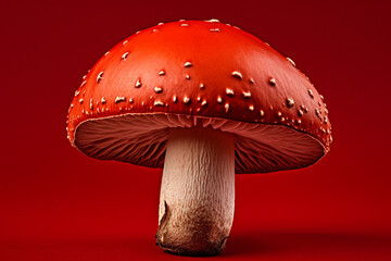 super realistic photo of Bay Bolete Mushroom (Boletus badius) on RED background сreated with Generative Ai