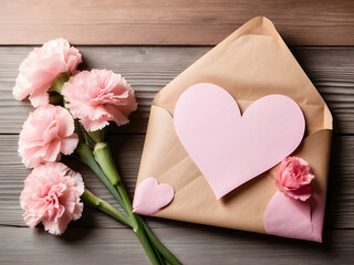 Happy Mother's Day on white paper in a brown envelope, with a pink heart and carnation flowers on a wood-textured background with copy space.