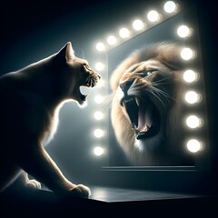 Male snarling cat looking into the mirror His reflection was that of a grown-up roaring lion.