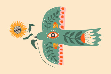 Folk spring bird holding sunflower. Nordic vector illustration for poster, card, t shirt.