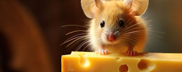 Fototapeta premium Funny mouse eating fresh piece of cheese. Mouse and cheese in backlights.