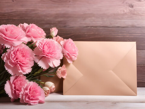 Happy Mother's Day on white paper in a brown envelope, with a pink heart and carnation flowers on a wood-textured background with copy space.