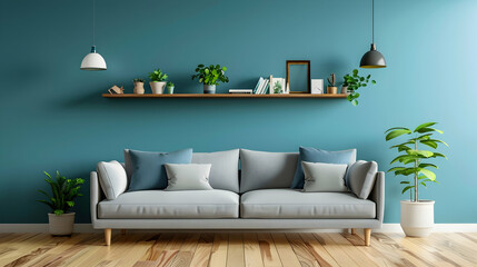 Modern living room and home interior design in a Scandinavian style. With copy space, a blue wall is paired with a grey sofa and a wooden shelf.