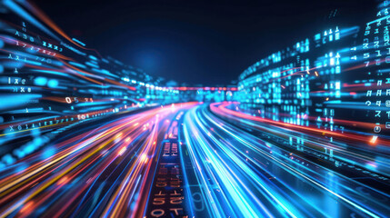 Colorful light trails depicting high speed traffic on a data highway symbolizing fast internet connection