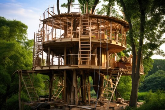 Tree house, Construction of a tree house, Illustration of futuristic tree house surrounded by greenery, Spectacular image of a sustainable tree house surrounded , Ai generated