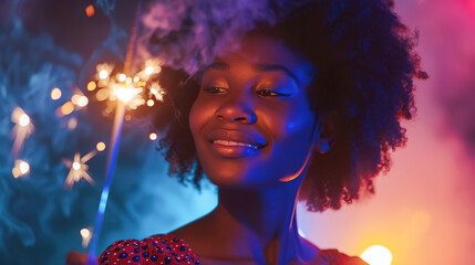 Young black woman with a charming smile and enjoying a festive moment, holding a sparkler in her hands, casting a magical glow on her face, neon background with garlands