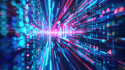 Obraz premium Image depicting brightly colored neon light trails converging towards a bright focal point, suggesting speed