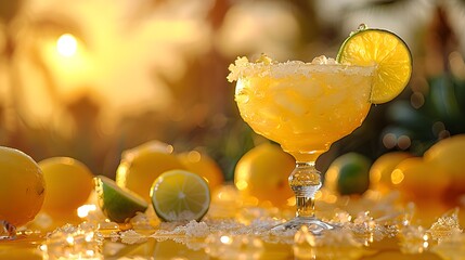 freshness of a tangy margarita on a sunny yellow background, with a salted rim and a wedge of lime, in stunning 8k high resolution.