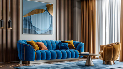 Modern living room and home interior design inspired by art deco. Against blue and golden curtains is a blue velvet sofa.