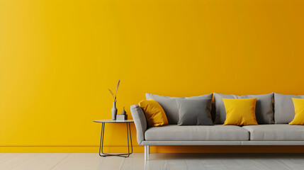 Modern living room and home interior design in a Scandinavian style. Cosy couch with yellow and grey cushions, a side table, and a wall with copy space that is yellow and grey.