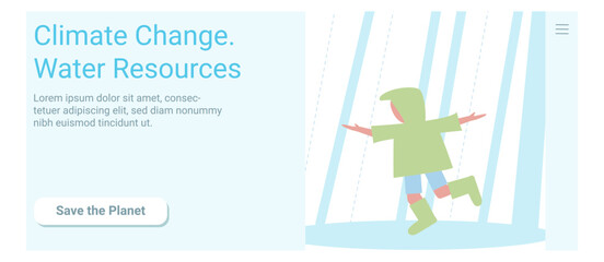 The child is having fun playing in the rain. Climate change. Vector flat illustartion. Rectangular banner.