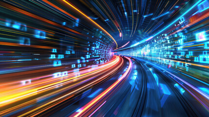 Abstract image capturing the essence of digital speed and connectivity with a blend of vibrant light trails in a data tunnel