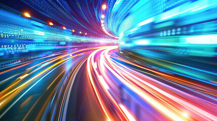 Vibrant long exposure photo with light trails in a tunnel capturing the sense of speed and technology