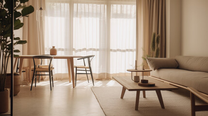 A Japandi style living room, interior close to nature, embraces natural elements to create a serene and harmonious space.