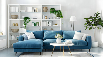 Modern living room and home interior design in a Scandinavian style. White bookcase and blue sofa against white wall.