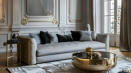 Modern living room and home interior design inspired by art deco. By the sofa, next to the white...