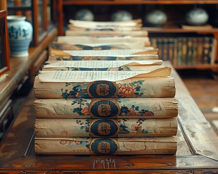 Confucian Scrolls Displayed in a Scholars Study The text blurs into paper