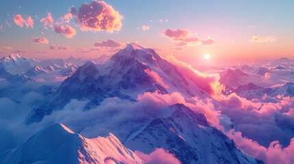 A snow-covered mountain range at sunrise - obrazy, fototapety, plakaty