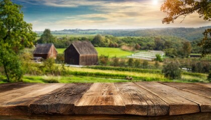 an empty wood table top with countryside landscape background