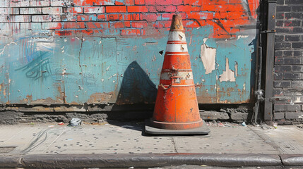 Traffic cone on urban street with graffiti wall