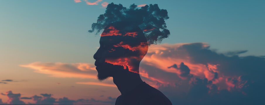 Silhouette of a person with cloud-filled sky as head