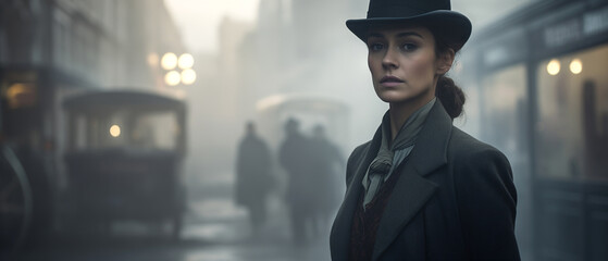 Victorian murder mystery. A tough beautiful woman detective in the fog searching for clues in London. In the style of a panoramic movie still.	 - obrazy, fototapety, plakaty