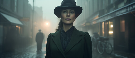 Victorian murder mystery. A tough beautiful woman detective in the fog searching for clues in London. In the style of a panoramic movie still.	
