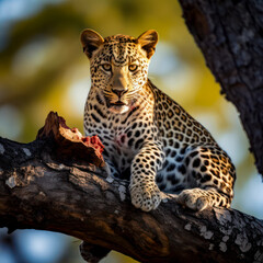lifestyle photo leopard sitting in tree with his kill.