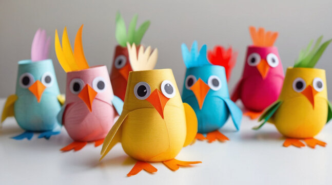 Kids crafts, colorful birds made of toilet rolls and papers