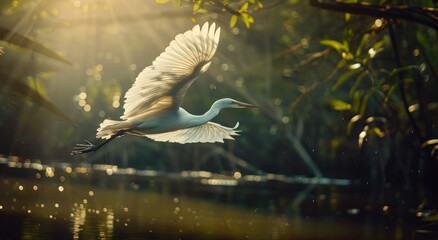 A white bird with a long beak and black tail feathers is flying over the water surface - Powered by Adobe