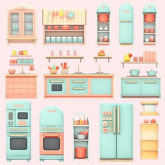 a set of kitchen, isolated background, pastel, object, commercial
