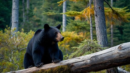 black bear in the woods. a large black bear sitting on top of a fallen tree.