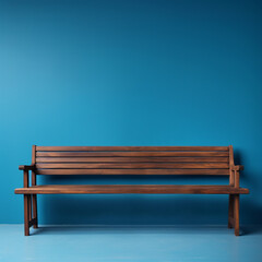 Wooden seating bench blue backround сreated with Generative Ai